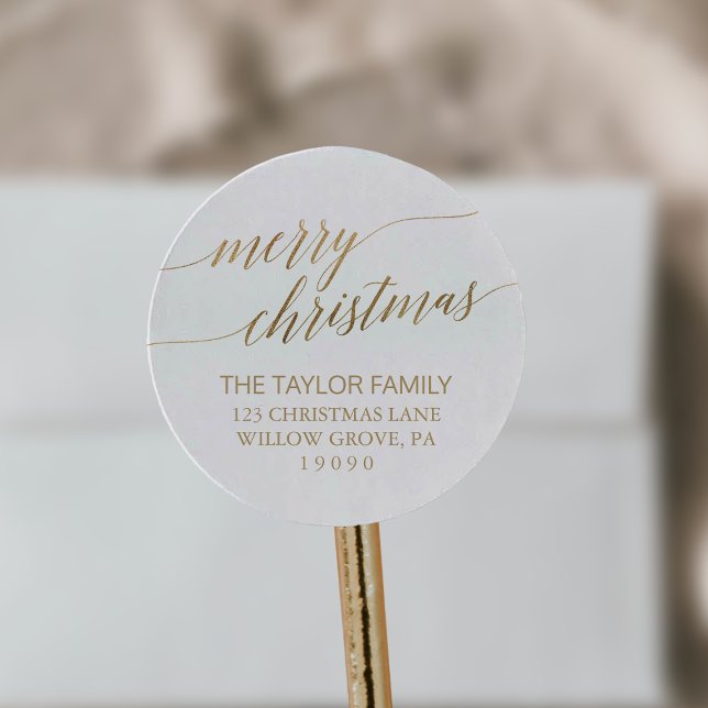 Elegant Gold Calligraphy Christmas Return Address Classic Round Sticker (Creator Uploaded)