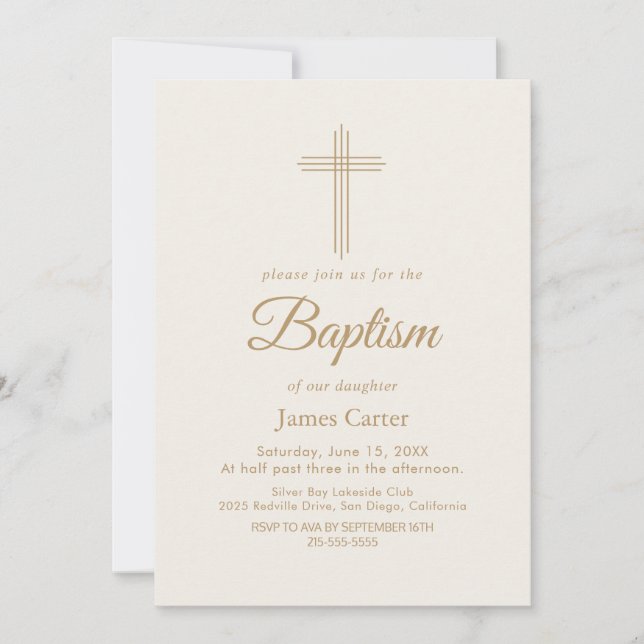 Elegant Gold Calligraphy Cream Cross Baptism  Invitation (Front)