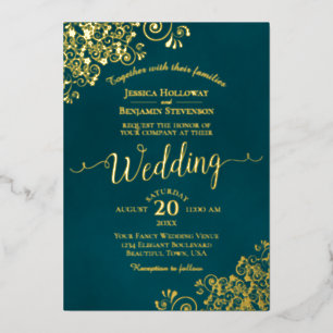 Elegant Gold Calligraphy Dark Teal Frilly Wedding Foil Invitation