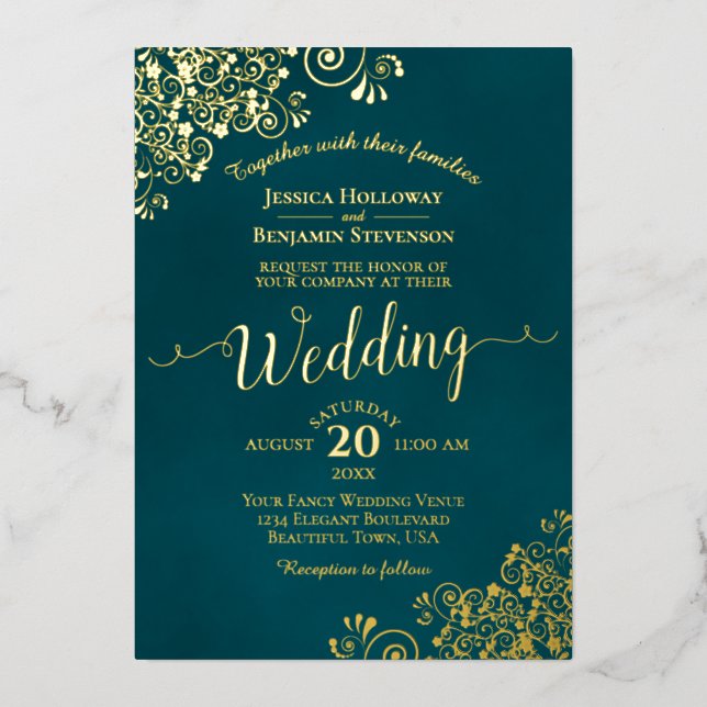 Elegant Gold Calligraphy Dark Teal Frilly Wedding Foil Invitation (Front)
