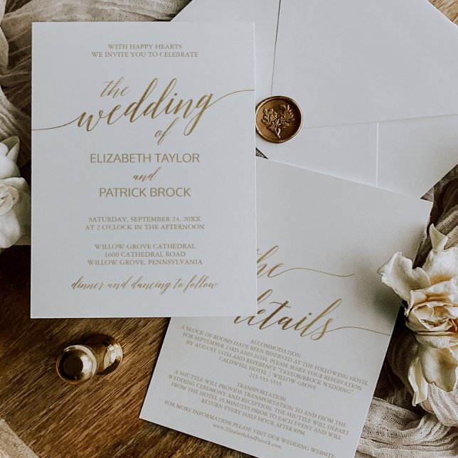Elegant Gold Calligraphy | Details on Back Wedding Invitation