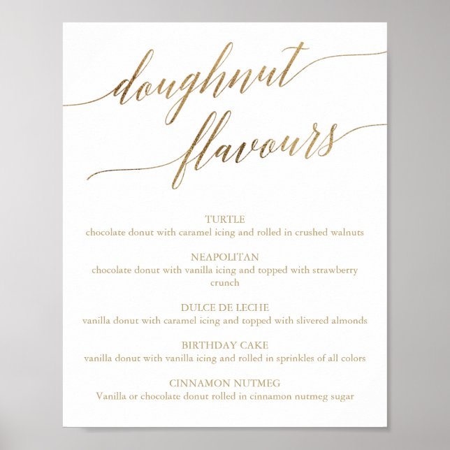 Elegant Gold Calligraphy Doughnut Flavors Sign (Front)