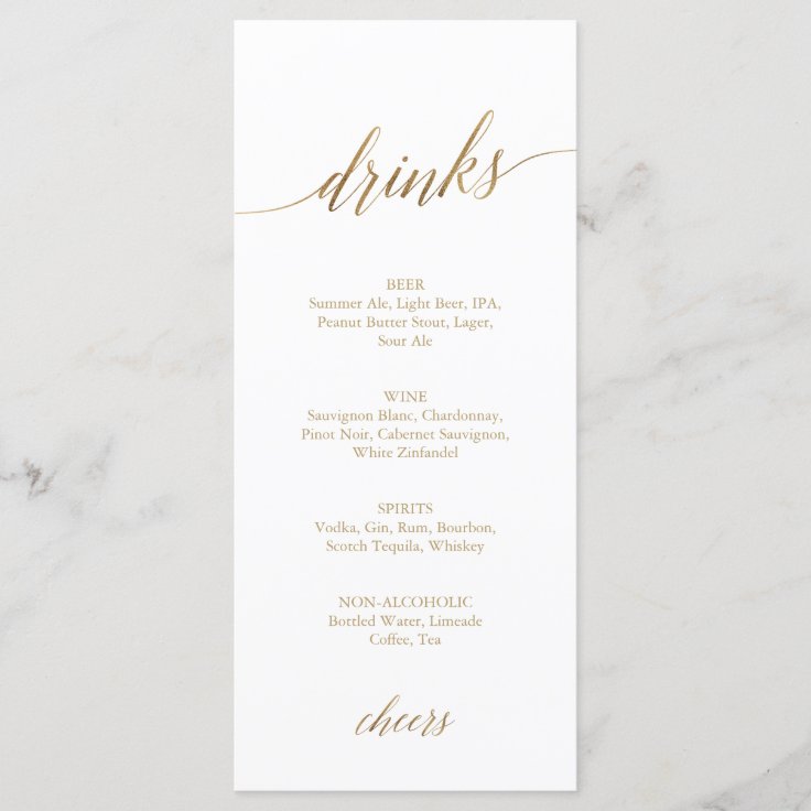 Elegant Gold Calligraphy Drink Menu Card | Zazzle