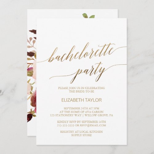 Elegant Gold Calligraphy  Floral Bachelorette Invitation