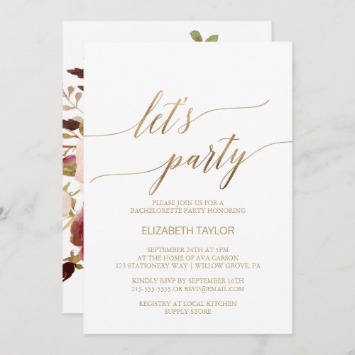Elegant Gold Calligraphy  Floral Back Lets Party Invitation