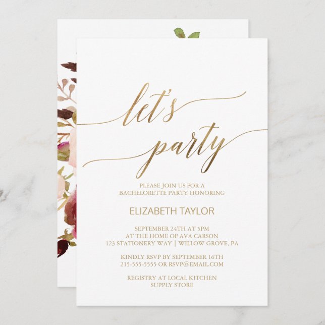 Elegant Gold Calligraphy | Floral Back Let's Party Invitation (Front/Back)