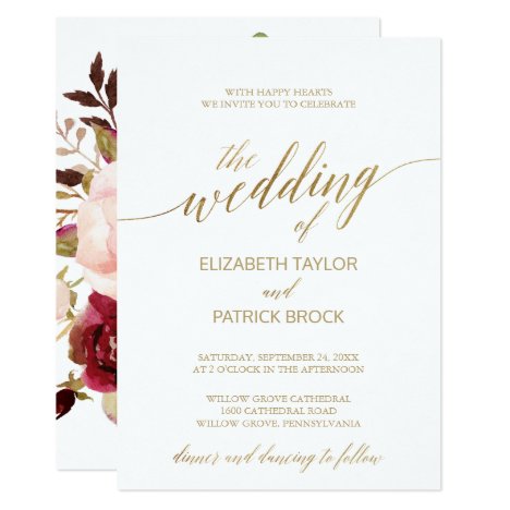 Elegant Gold Calligraphy | Floral Backing Wedding Invitation
