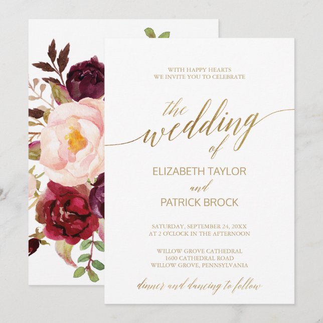 Elegant Gold Calligraphy | Floral Backing Wedding Invitation (Front/Back)