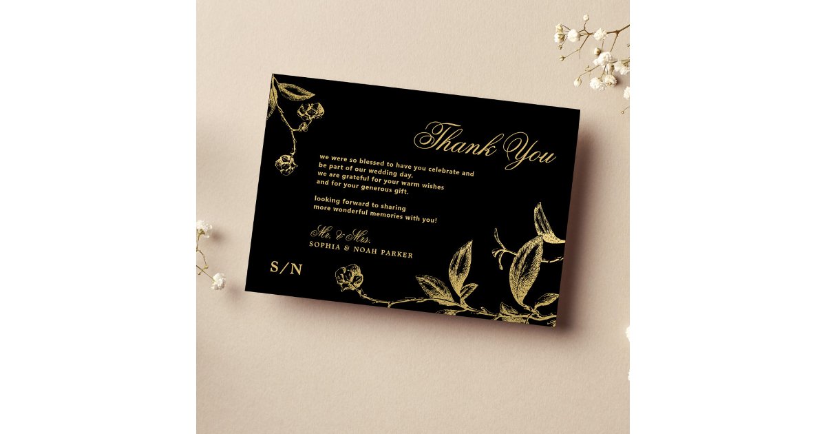 Elegant gold calligraphy floral black wedding thank you card | Zazzle