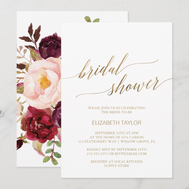 Elegant Gold Calligraphy | Floral Bridal Shower Invitation (Front/Back)