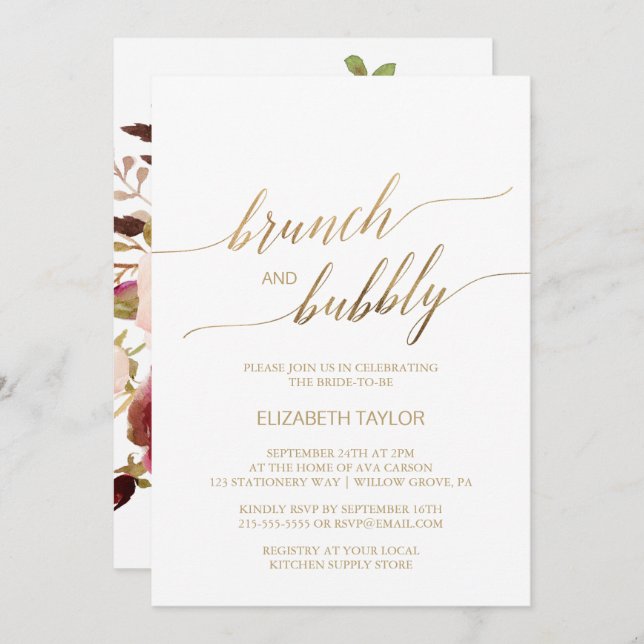 Elegant Gold Calligraphy | Floral Brunch & Bubbly Invitation (Front/Back)