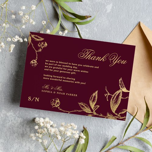 Elegant gold calligraphy floral burgundy wedding thank you card