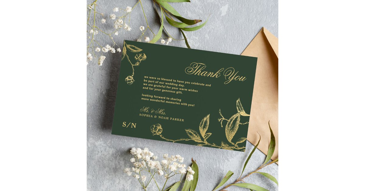 Elegant gold calligraphy floral green wedding thank you card | Zazzle