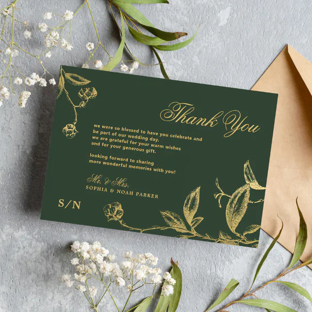 Elegant gold calligraphy floral green wedding thank you card | Zazzle