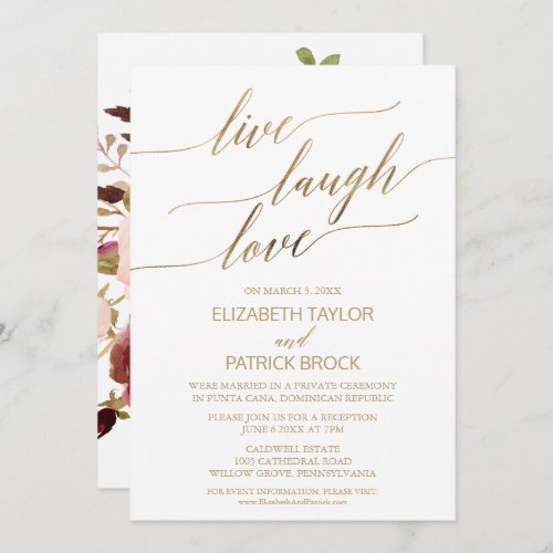 Elegant Gold Calligraphy  Floral Live Laugh Love Invitation