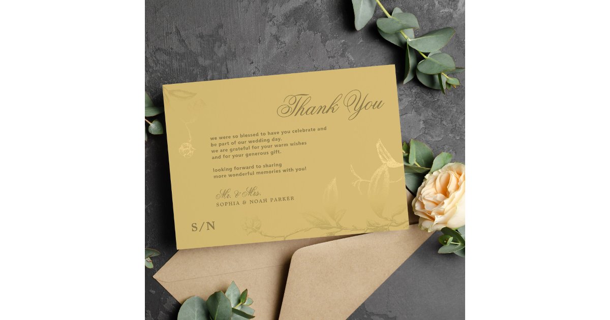 Elegant gold calligraphy floral luxury wedding thank you card | Zazzle