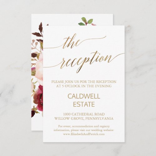 Elegant Gold Calligraphy  Floral Reception Card