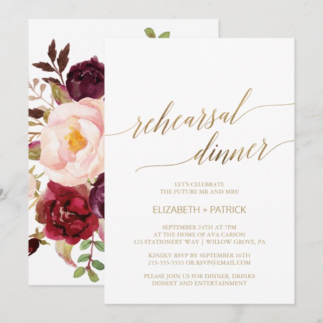 Elegant Gold Calligraphy | Floral Rehearsal Dinner Invitation (Front/Back)