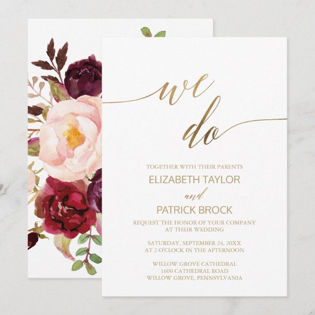 Elegant Gold Calligraphy | Floral We Do Wedding Invitation (Front/Back)