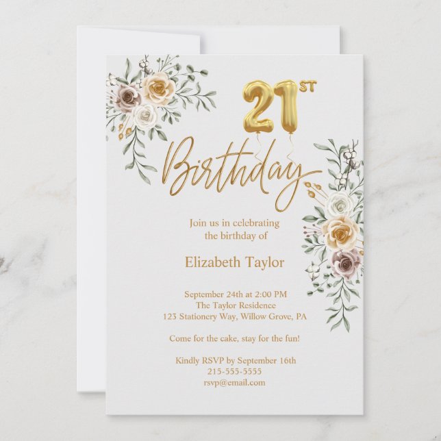 Elegant Gold Calligraphy & Florals 21st Birthday  Invitation (Front)