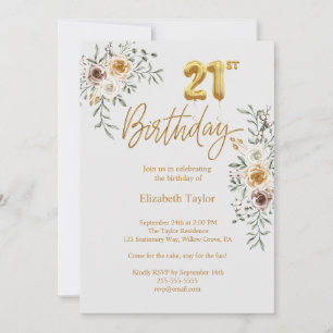 Elegant Gold Calligraphy & Florals 21st Birthday Invitation