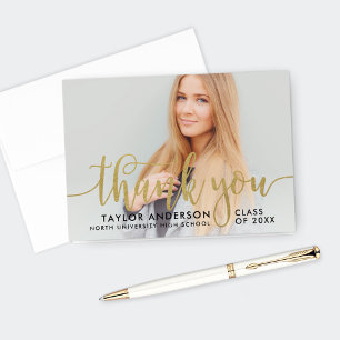 Elegant Gold Calligraphy Graduation Photo Thank You Card