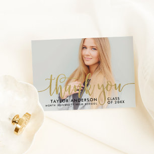 Elegant Gold Calligraphy Graduation Photo Thank You Card