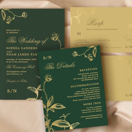 Elegant gold calligraphy green wedding details enclosure card