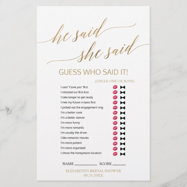 Elegant Gold Calligraphy He Said She Said Game (Front)