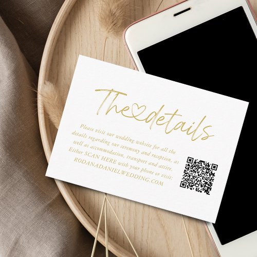 Elegant Gold Calligraphy Heart Details QR Code Enclosure Card