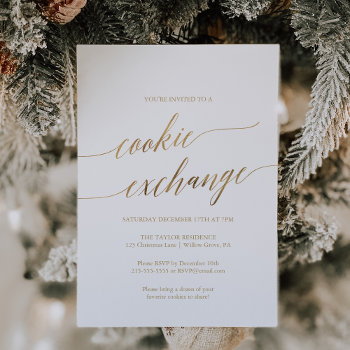 Elegant Gold Calligraphy Holiday Cookie Exchange Invitation by ChristmasPaperCo at Zazzle