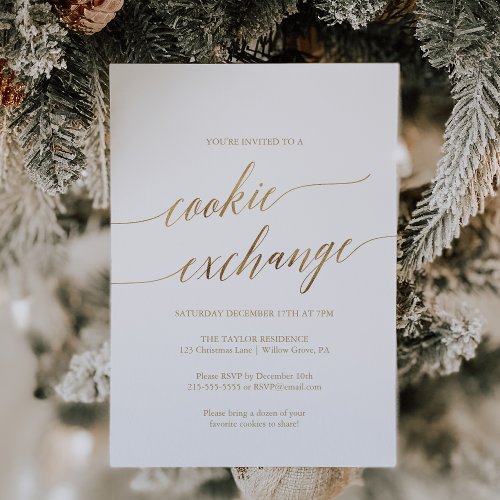 Elegant Gold Calligraphy Holiday Cookie Exchange Invitation