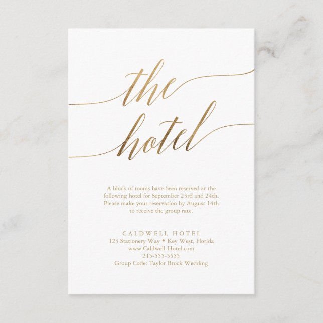 Elegant Gold Calligraphy Hotel Enclosure Card (Front)
