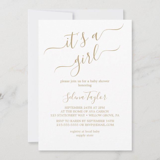 Elegant Gold Calligraphy | It’s a Girl Baby Shower Invitation (Front)