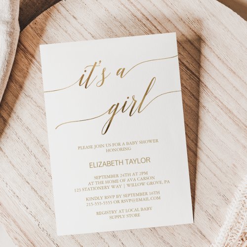Elegant Gold Calligraphy Its A Girl Baby Shower Invitation