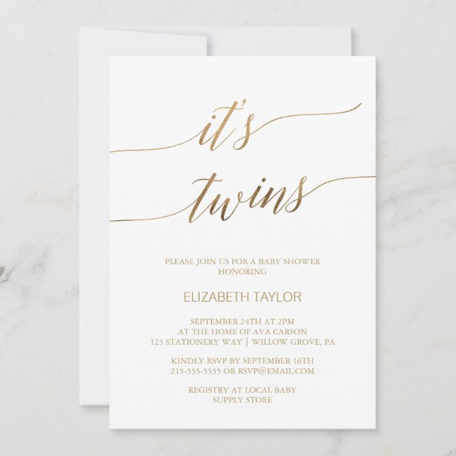 Elegant Gold Calligraphy It's Twins Baby Shower Invitation (Front)