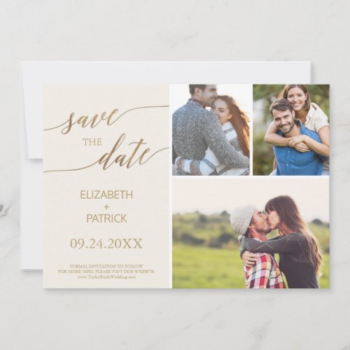 Elegant Gold Calligraphy  Ivory 3 Photo Collage Save The Date