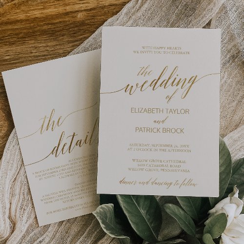 Elegant Gold Calligraphy Ivory All in One Wedding Invitation