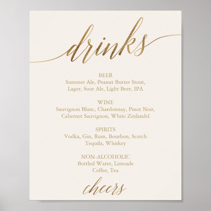 Elegant Gold Calligraphy | Ivory Drink Menu Sign | Zazzle