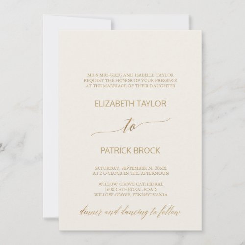 Elegant Gold Calligraphy  Ivory Formal Wedding Invitation