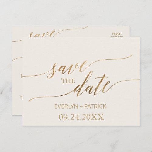 Elegant Gold Calligraphy  Ivory Save the Date Announcement Postcard