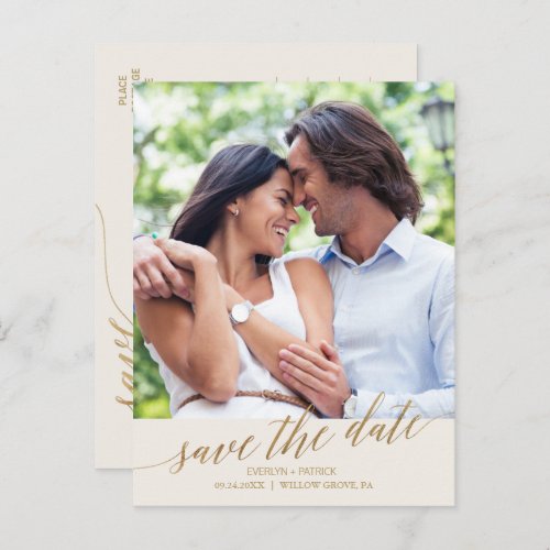 Elegant Gold Calligraphy Ivory Save the Date Photo Announcement Postcard