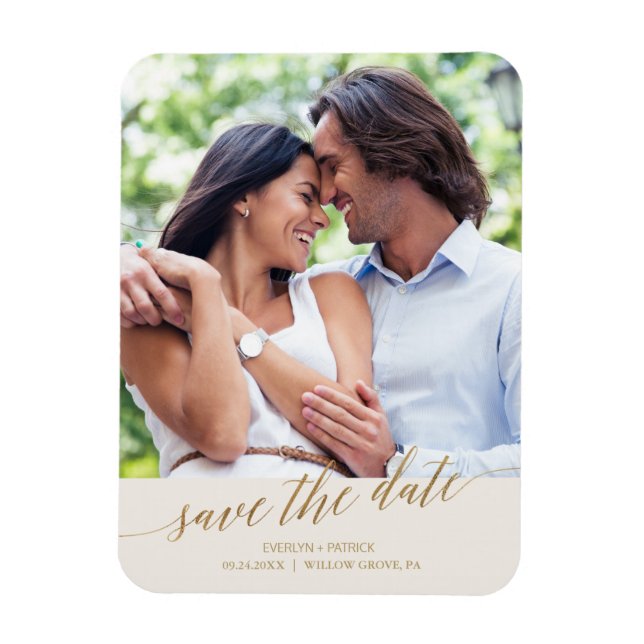 Elegant Gold Calligraphy Ivory Save the Date Photo Magnet (Vertical)