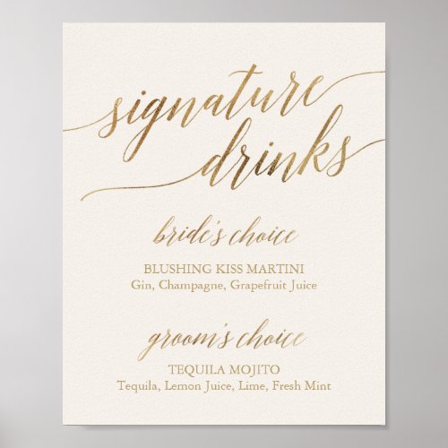 Elegant Gold Calligraphy  Ivory Signature Drinks Poster