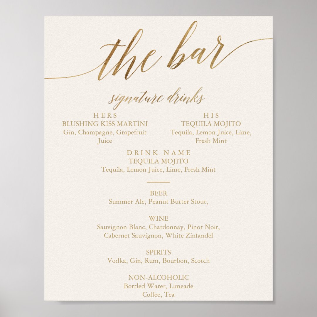 Elegant Gold Calligraphy | Ivory The Bar Menu Poster | Zazzle