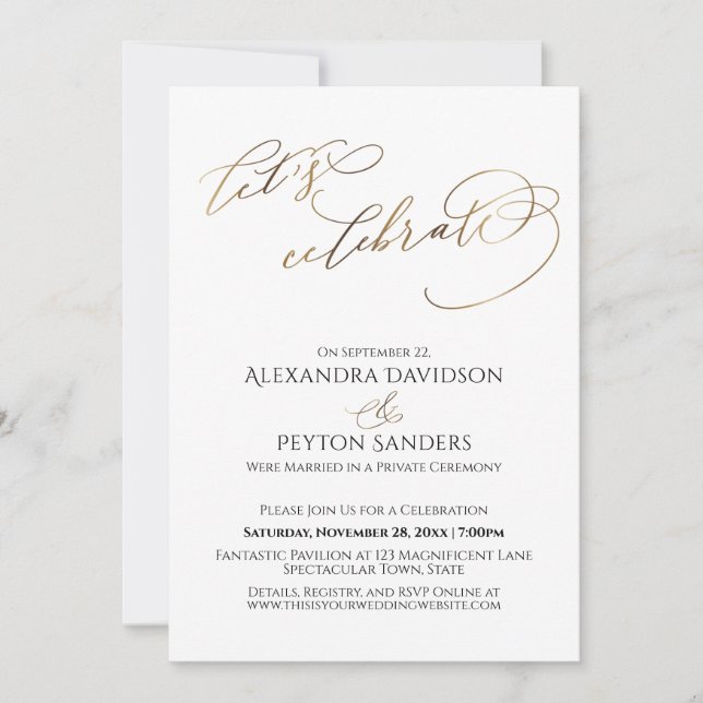 Elegant Gold Calligraphy Let's Celebrate Reception Invitation (Front)