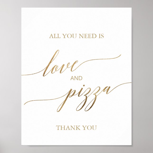 Elegant Gold Calligraphy Love and Pizza Sign (Front)