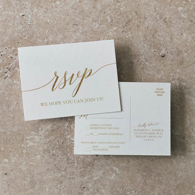 Elegant Gold Calligraphy Menu Choice RSVP Postcard (Creator Uploaded)