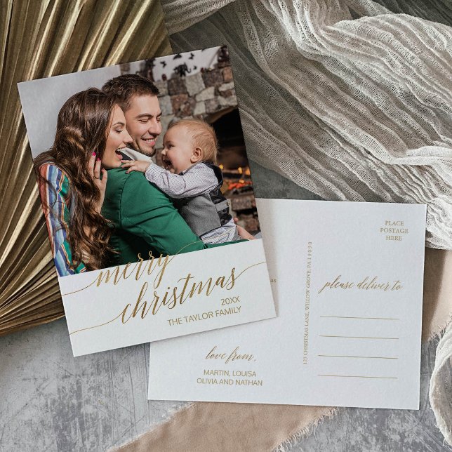 Elegant Gold Calligraphy Merry Christmas Photo Holiday Postcard (Creator Uploaded)