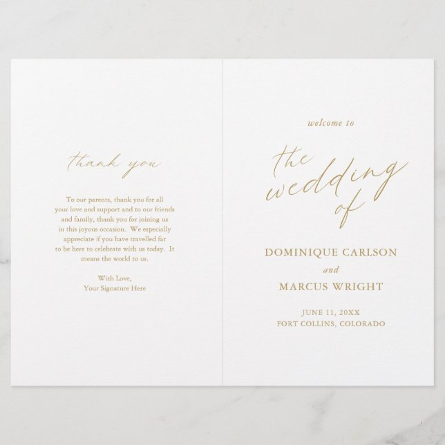 Elegant Gold Calligraphy Modern Wedding Program (Front)